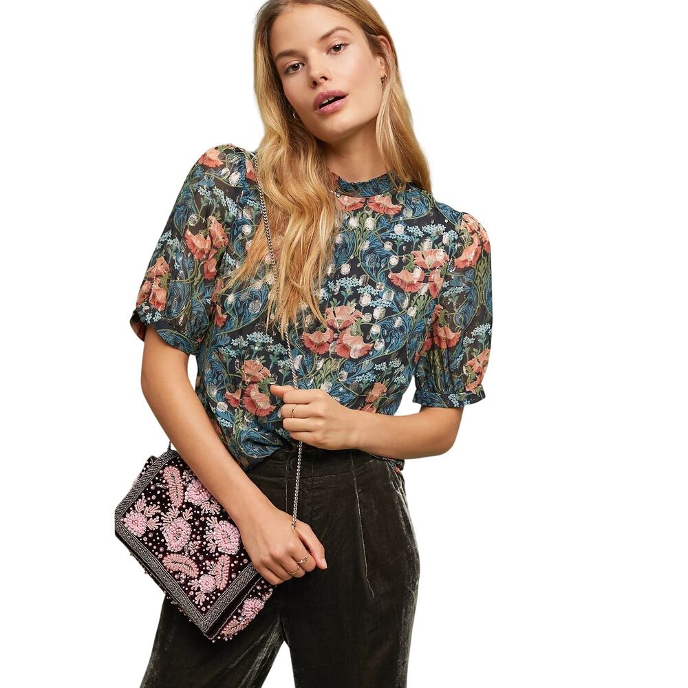 Anthropologie Meadow Rue Basilique Floral Print Mock Neck Button Back Blouse